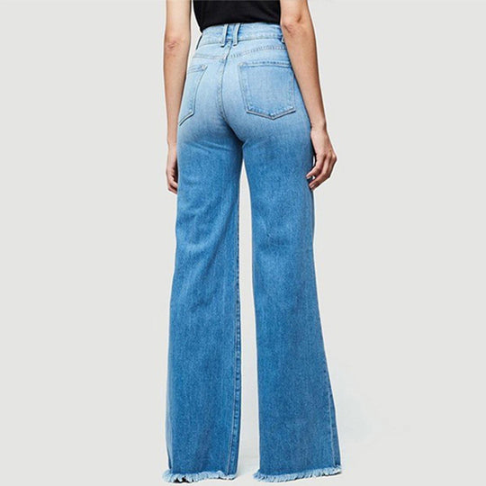 Damen Weite Schlagjeans mit fransigem Saum