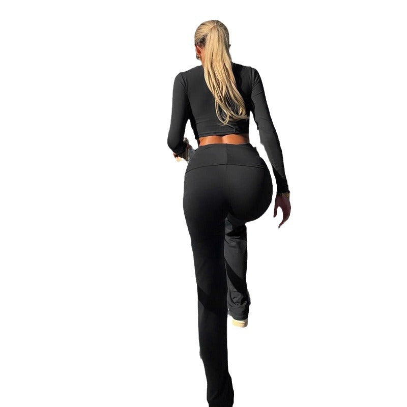 Damen Sportliches Langarm-Crop-Top und figurbetonte Flared-Hose Set R&B