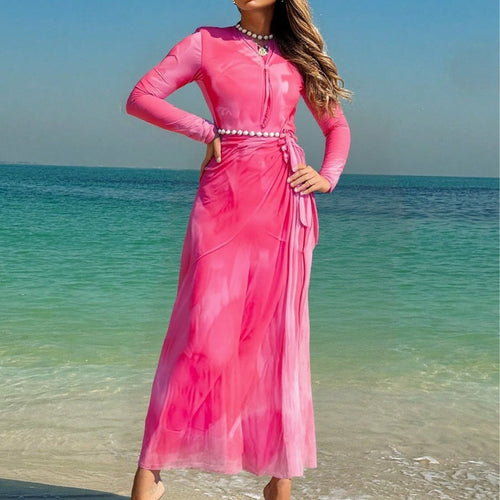 Damen Elegantes Strandkleid mit transparenten Ärmeln und drapiertem Design R&B