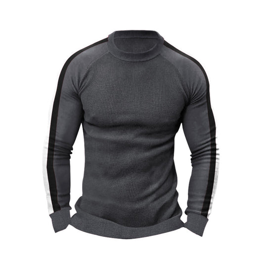 Herren sportlicher Strickpullover mit kontrastierenden Ärmeln und hohem Kragen R&B