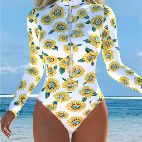 Damen Einteiler Badeanzug mit modischem Blumenmuster und hohem Kragen R&B