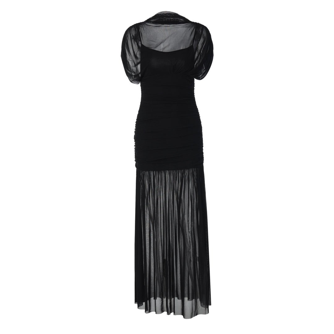 Damen Maxi-Kleid mit transparenten Puffärmeln und elegantem Raffungseffekt R&B