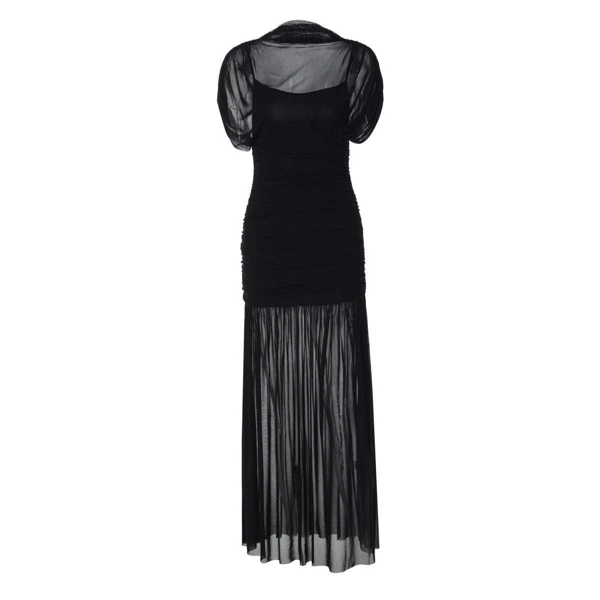 Damen Maxi-Kleid mit transparenten Puffärmeln und elegantem Raffungseffekt R&B