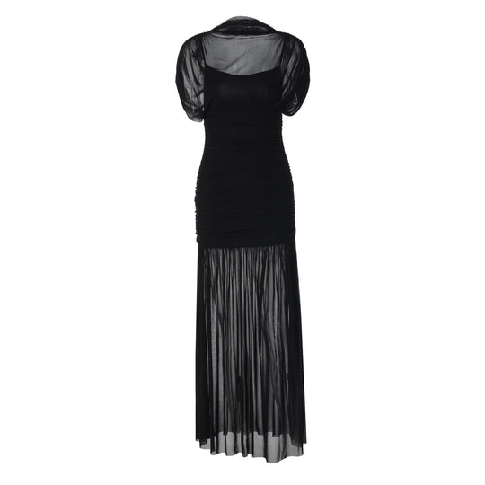 Damen Maxi-Kleid mit transparenten Puffärmeln und elegantem Raffungseffekt R&B