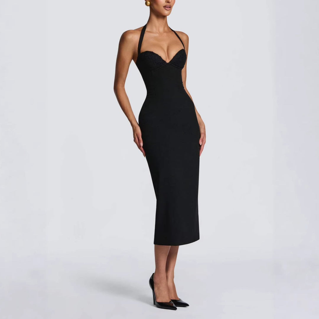 Damen Figurbetontes Midi-Kleid mit Herzausschnitt und verstellbaren Trägern R&B
