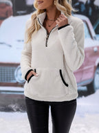 Damen kuscheliger Fleece-Pullover mit halbem Reißverschluss und praktischen Taschen R&B
