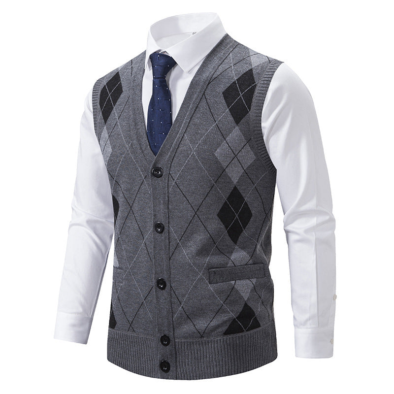Herren elegante Strickjacke mit Rautenmuster und praktischen Taschen R&B