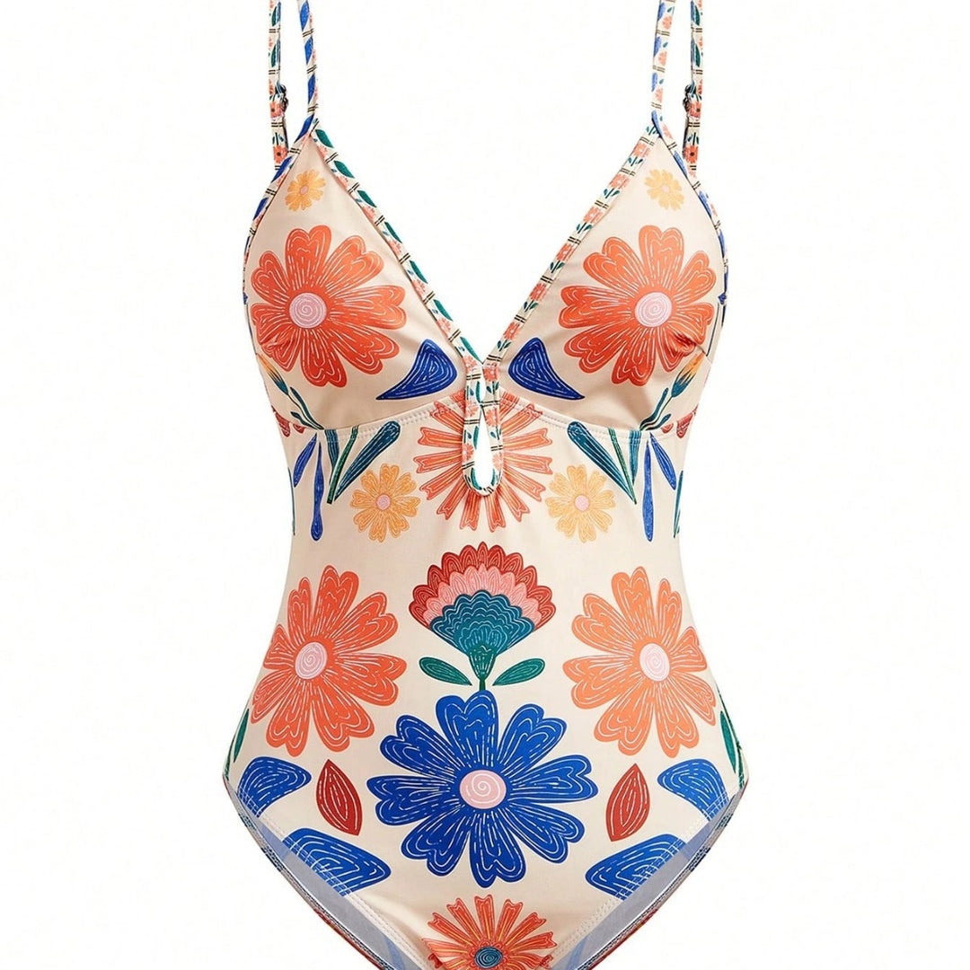 Damen Badeanzug mit floralem Design und abnehmbarem Rock R&B