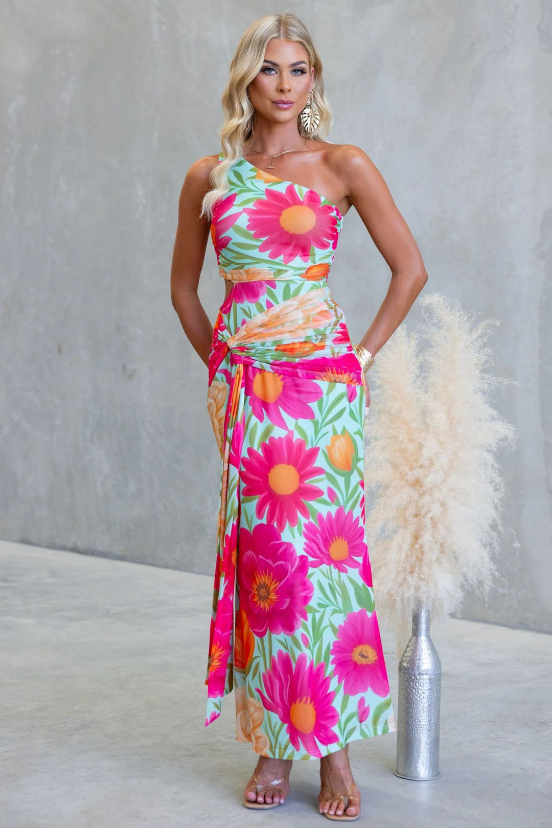 Damen Wickel-Maxikleid mit asymmetrischem Träger und floralen Akzenten R&B