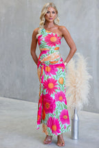 Damen Wickel-Maxikleid mit asymmetrischem Träger und floralen Akzenten EB