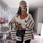 Damen Strickjacke mit voluminösen Ärmeln und modischen Streifen R&B