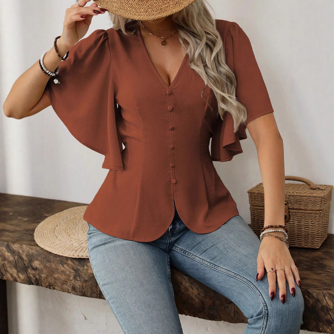 Damen elegante Bluse mit Glockenärmeln und Knopfdetail R&B