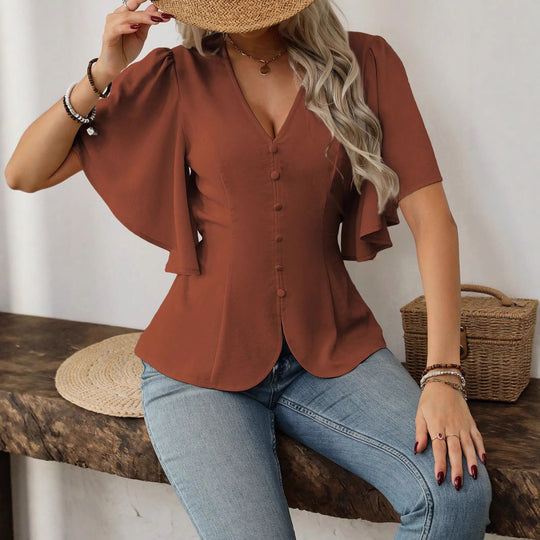 Damen elegante Bluse mit Glockenärmeln und Knopfdetail R&B