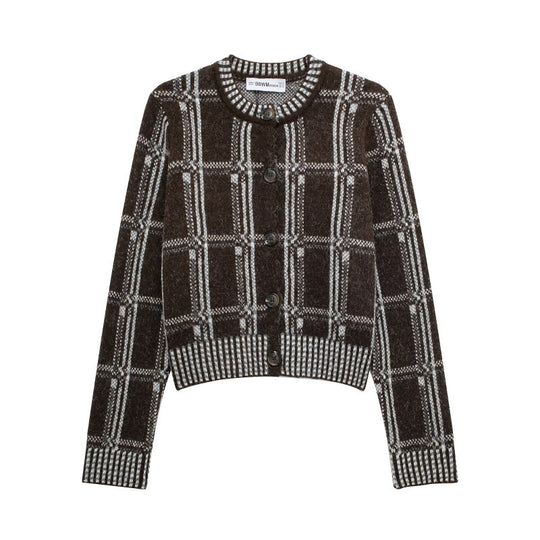 Damen Strickjacke mit modernem Karomuster und Knopfverschluss R&B