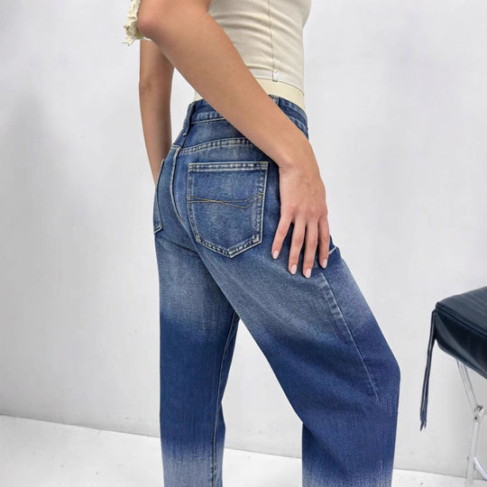 Damen weite hochgeschnittene Jeans mit besonderem Waschungseffekt R&B