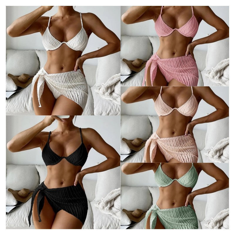 Damen Bikini mit strukturiertem Oberteil und seitlichem Wickelrock R&B