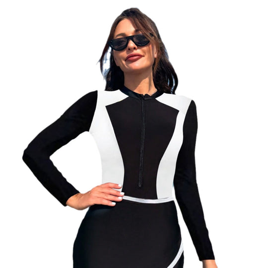 Damen Sportlicher Langarm-Badeanzug mit elegantem Wickelrock R&B