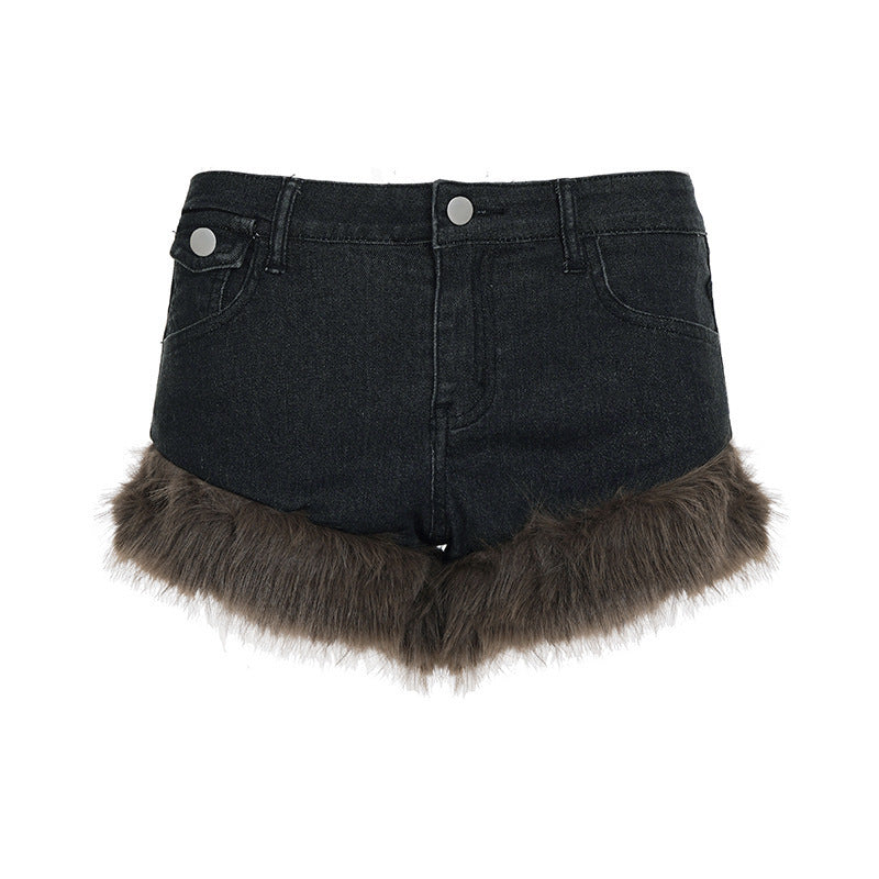 Damen Jeansshorts mit luxuriösem Kunstpelzsaum R&B