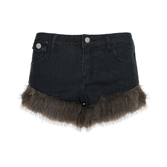 Damen Jeansshorts mit luxuriösem Kunstpelzsaum R&B