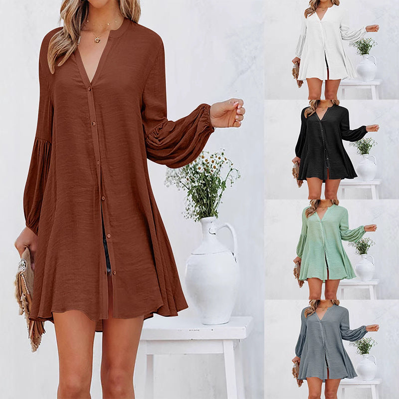 Damen Blusen-Kleid mit Knopfdetails und ballonförmigen Ärmeln R&B