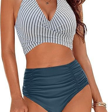 Damen Hochtailliertes Bikini-Set mit verstellbarem Oberteil und eleganter Raffung R&B