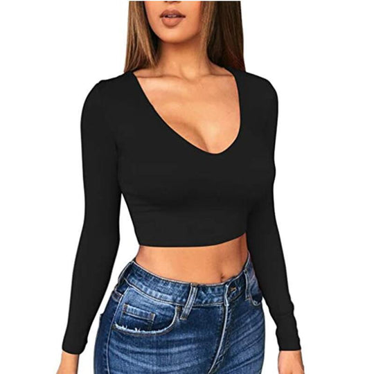 Damen modisches Crop-Top mit tiefem V-Ausschnitt und langen Ärmeln R&B