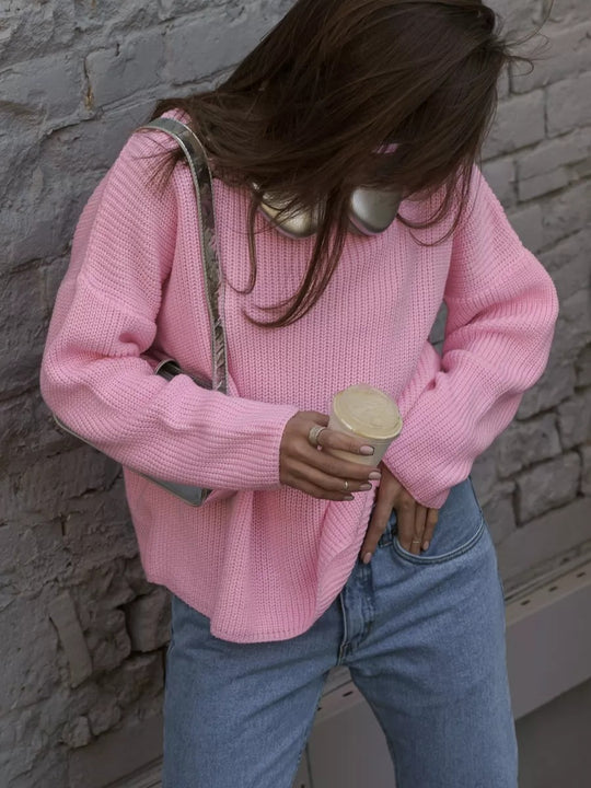 Damen Grobstrickpullover mit weitem Schnitt und lässigen Details R&B