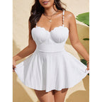 Damen Plissierter Strandkleid Badeanzug mit verstellbaren Trägern und romantischem Ausschnitt R&B