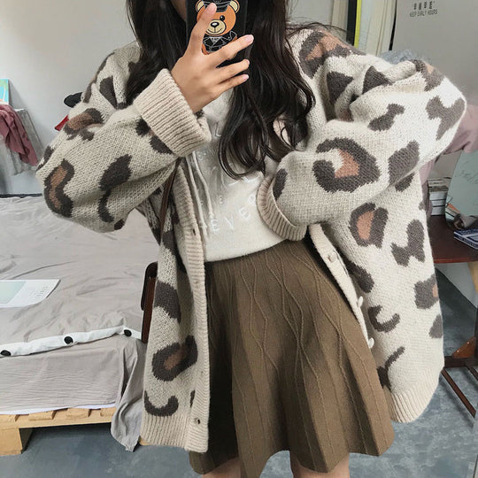 Damen Strickcardigan mit auffälligem Leopardenmuster und großzügigem Schnitt R&B