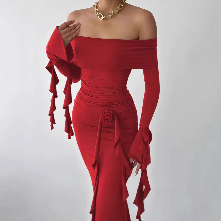 Damen Elegantes Off-Shoulder Maxikleid mit Rüschendetails und figurbetonter Silhouette R&B