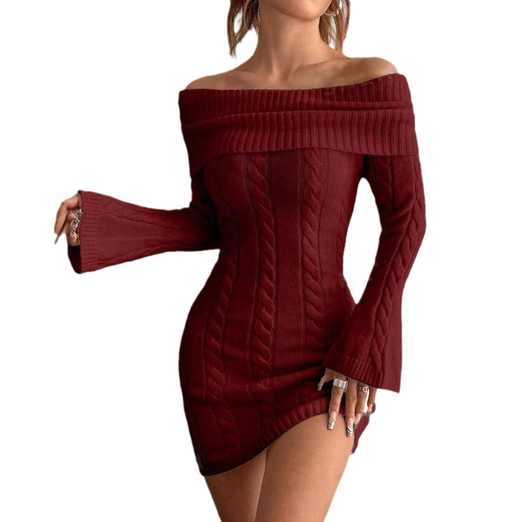 Damen Off-Shoulder Strickkleid mit Zopfmuster und voluminösen Ärmeln