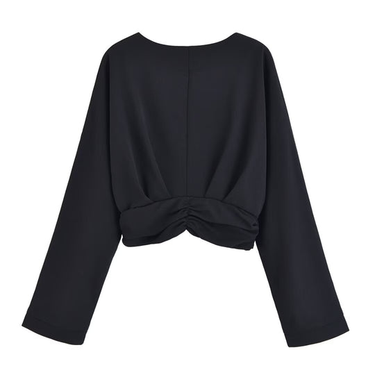 Damen legeres Blusenshirt mit Raffung und tiefem V-Ausschnitt R&B