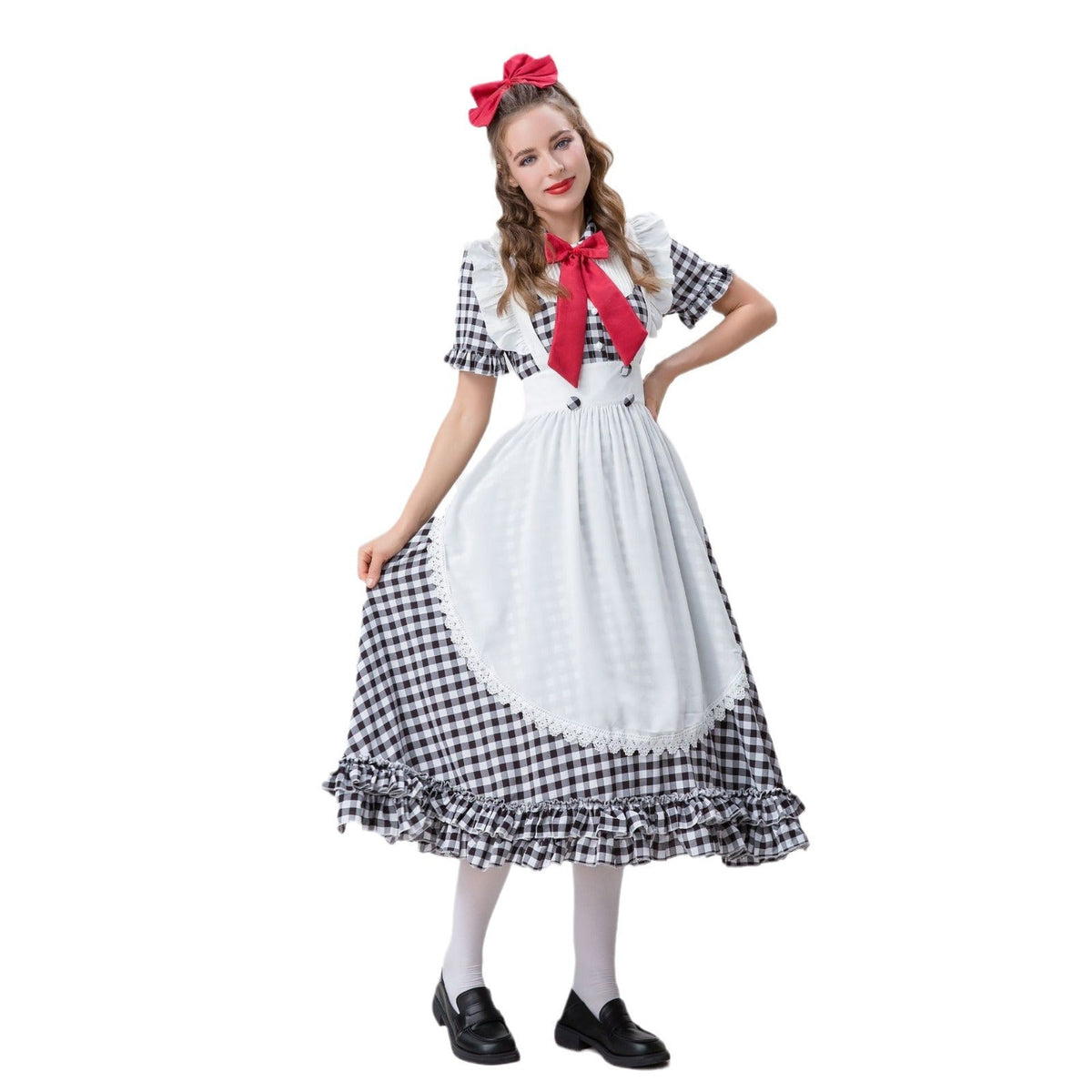 Damen nan Vintage-inspiriertes Karo-Swingkleid mit abnehmbarer Schürze, Rüschenärmeln und Schleifenkragen R&B