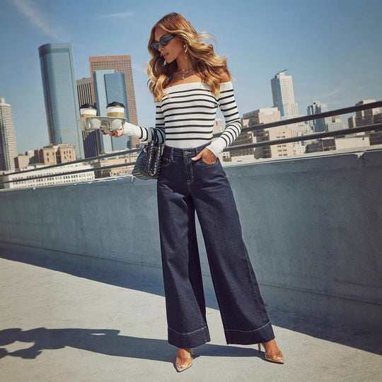 Damen Weit geschnittene Jeanshose mit hohem Bund und eleganter Naht R&B