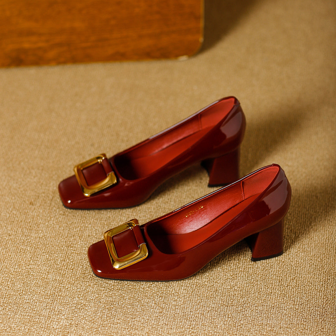 Damen elegante High Heels mit schickem quadratischem Zehenbereich und goldener Schnalle R&B