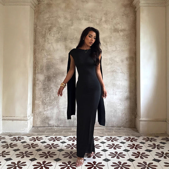 Damen elegantes Maxikleid mit raffinierten Ärmeldetails und fließender Silhouette R&B