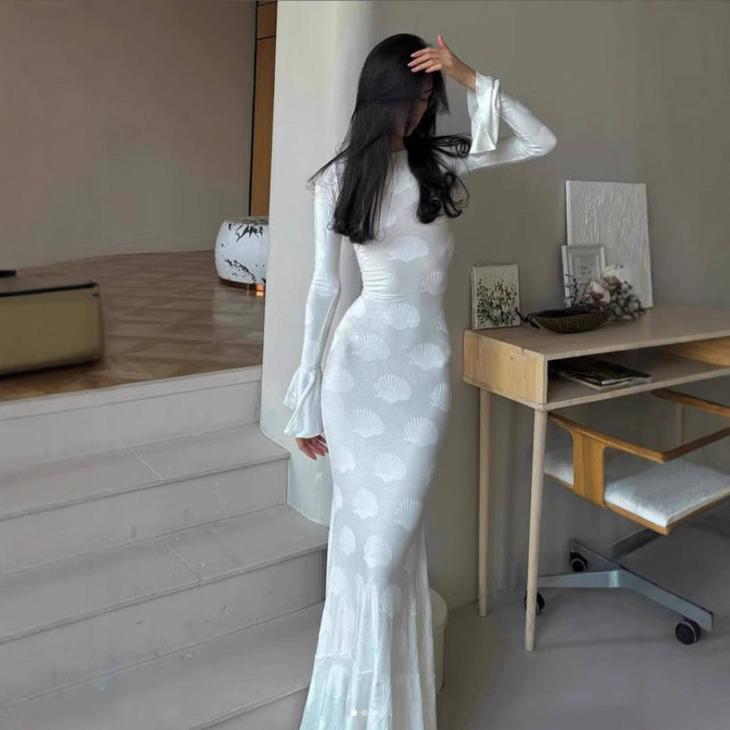 Damen figurbetontes Langkleid mit schickem Muschel-Design und elegantem Ärmelabschluss R&B
