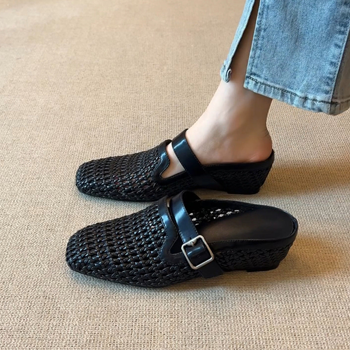 Damen Clogs mit modischem Geflecht und verstellbarem Riemen R&B