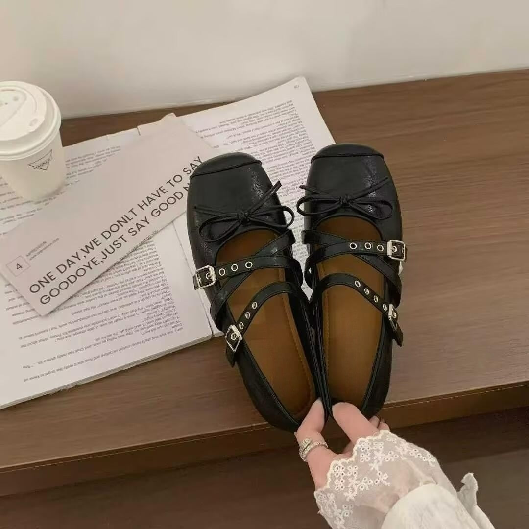 Damen Ballerina-Schuhe mit dekorativen Doppelschnallen und modischen Schleifen R&B