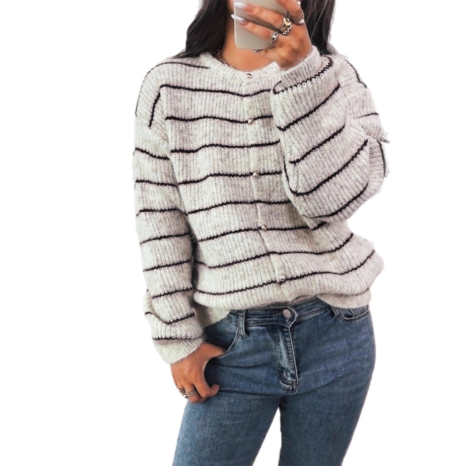 Damen gemütliche Strickjacke mit elegantem Streifenmuster und schimmernden Knöpfen R&B