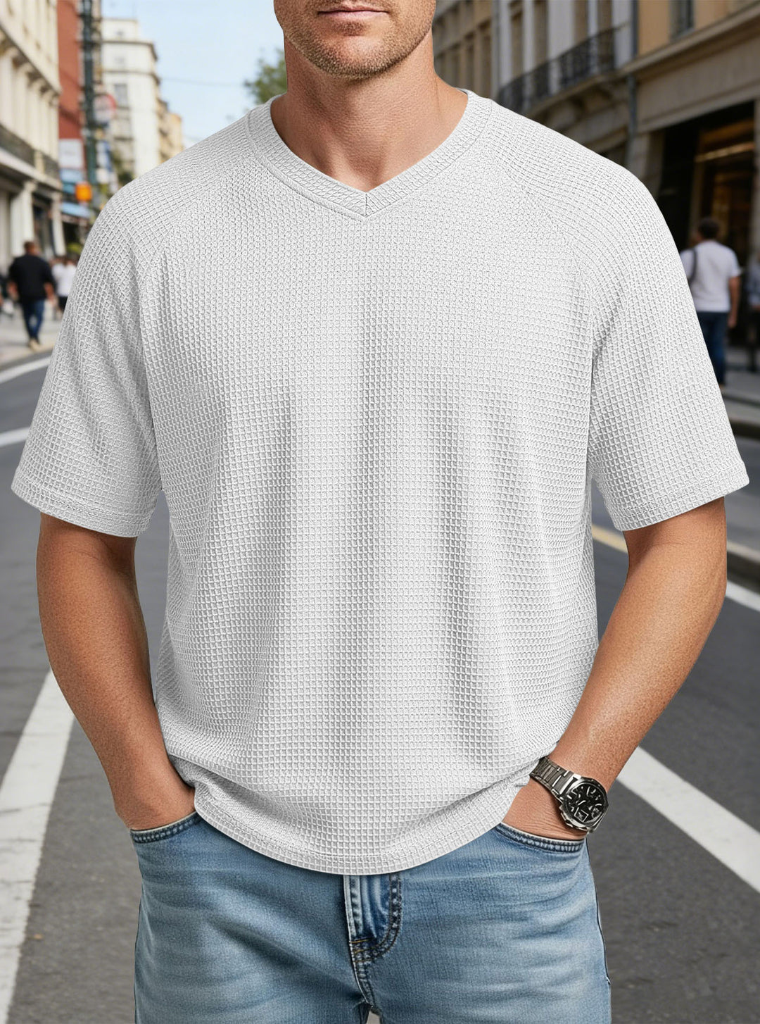 Herren nan lässiges V-Ausschnitt Waffelstrick-T-Shirt aus atmungsaktivem Baumwollmix R&B