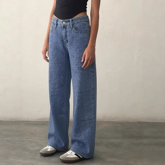 Damen Weite High-Waist Jeans mit klassischem Schnitt und ausgefransten Säumen R&B