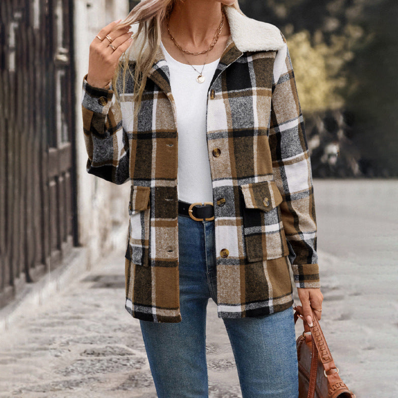 Damen Karierte Flanelljacke mit sanftem Kragen R&B