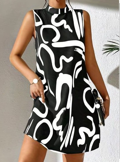 Damen A-linien Minikleid mit modernem grafischem Muster und Stehkragen R&B