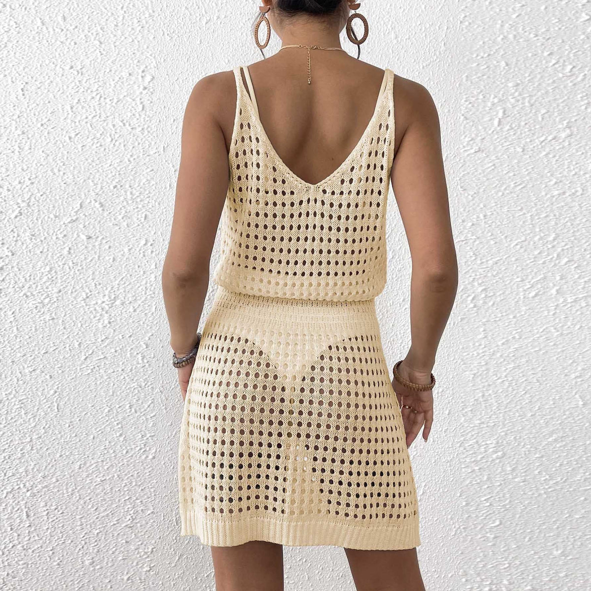 Damen Häkel-Strandkleid mit netzartigem Lochmuster und verstellbarem Schnitt R&B