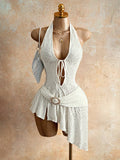 Damen nan figurbetontes Neckholder-Minikleid mit Schnürung, Cut-Out und asymmetrischem Wickelrock R&B