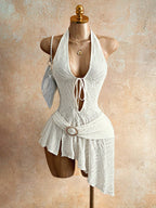 Damen nan figurbetontes Neckholder-Minikleid mit Schnürung, Cut-Out und asymmetrischem Wickelrock R&B