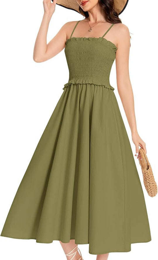 Damen Midi-Kleid mit elastischem Oberteil und weiten Rock R&B