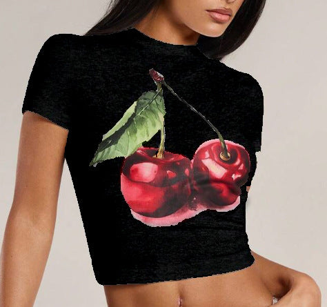 Damen Crop-T-Shirt mit fruchtigem Kirschmotiv und figurbetontem Schnitt R&B