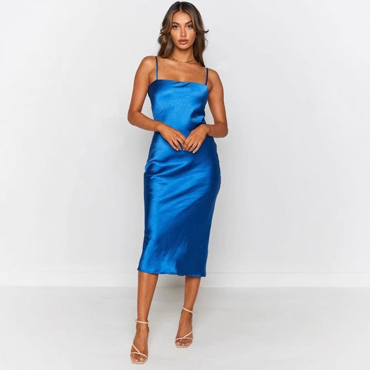 Damen Satin-Midikleid mit schmalen Spaghettiträgern und elegantem Schnitt R&B